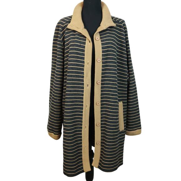 Vintage Lilli Ann WOOL Tan Gray Striped Cardigan Long Mid Length Button Down 16 - Picture 1 of 8